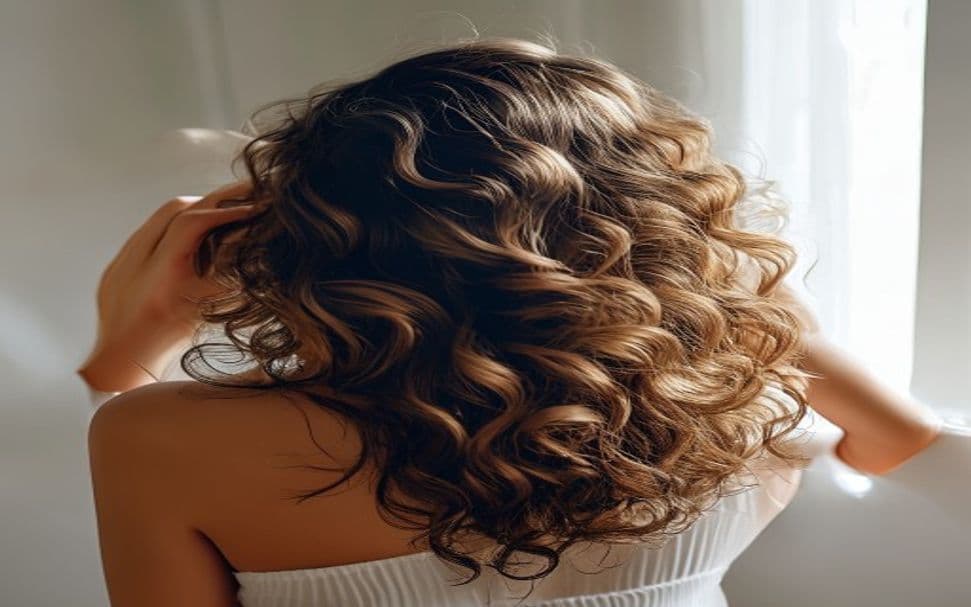 Mulher de cabelos cacheados hidratados aplicando máscara de umectação nos fios com as mãos